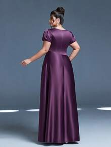 Váy phù dâu màu trơn cổ chữ V mới của Mgiacy Váy dài bằng vải satin tay bồng nhún bèo - Màu tím - Xem 2