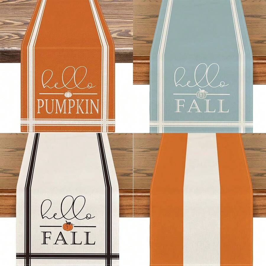 Listras laranja e brancas, caminho de mesa de abóbora com listras Hello Fall, decoração de mesa de jantar sazonal de outono para decoração de festas em casa - Multicolorido - Ver 1