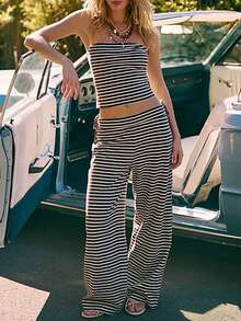 Womens Striped Two Piece Sets Summer Lounge Outfits Sailor Crop Tube Top And Striped Wide Leg Pants Matching Set Beach Vacation Travel Y2k Lounge Set - màu đen - Xem 1