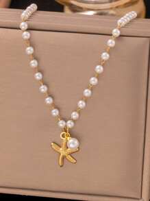 1pc Casual 18K Gold Stainless Steel High Protection Color Faux Pearl Starfish Pendant Necklace, Suitable For Women Beach Holiday Wear, Waterproof Jewelry Accessory Gift, No Gift Box (USA)