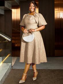 Đầm tốt nghiệp dáng chữ A tay phồng họa tiết hoa hồng jacquard cỡ lớn dành cho nữ, thích hợp cho đi làm, dự tiệc cocktail thanh lịch, khiêu vũ bán trang trọng, sinh nhật, dự đám cưới, lễ tốt nghiệp, dạ hội, lễ hội trường và các dịp khác, cũng như tiệc Valentine mùa xuân. - Màu Khaki - Xem 4