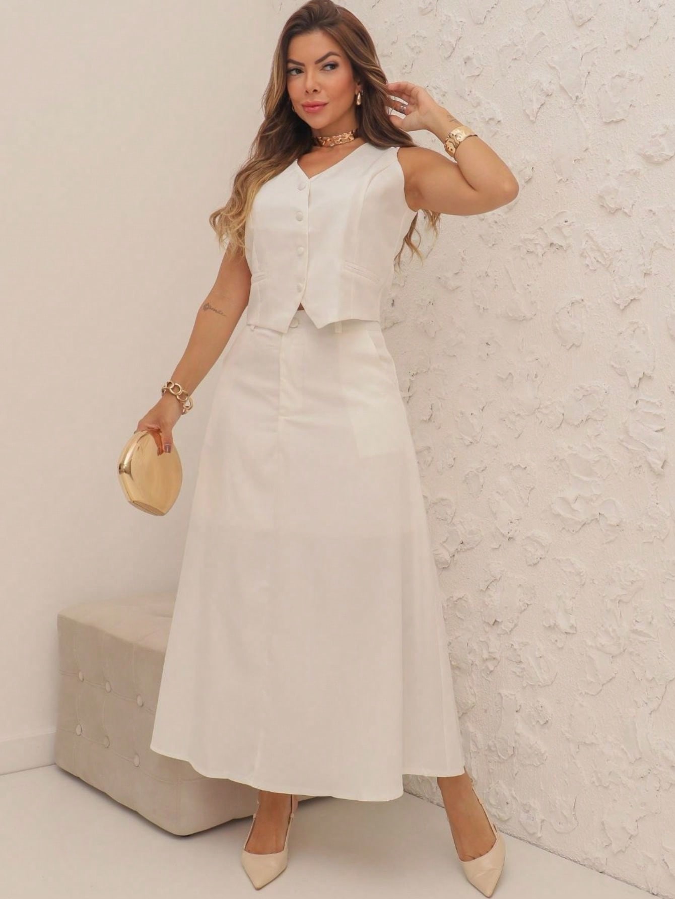 A&amp;DD MODA, REF: AS-1447 – Terno feminino, saia longa evasê, saia de cintura alta, conjunto elegante, visual