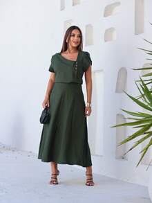 Skirt And Blouse Set In Twill Viscose Short Sleeve Blouse With Boat Neckline Midi Skirt With Flared Model With Pockets And Front Slit - Dark Green - View 5