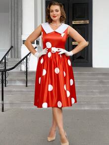 AOMEI Vestido rojo vintage de los años 50 de talla grande, estilo suelto, sin mangas, con cuello Peter Pan y estampado de lunares blancos - Rojo - Ver 6