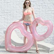 2 piezas, 120 cm, Colchón inflable rosa para piscina flotante para adultos, asiento de agua de piscina de PVC, flotador de anillo de goma, anillo de natación con corazón con lentejuelas aumentado y espesado, cama flotante inflable con salvavidas, se incluye bomba portátil - Multicolor - Ver 4