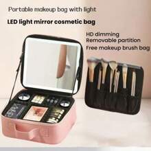 1 pezzo Borsa per il trucco da viaggio nera da 600mAh, con specchio, grande capacità, custodia per cosmetici da viaggio portatile con specchio a LED, perfetto per trucco, lampade, luci LED, luce notturna, illuminazione, accessori per la borsa da viaggio e la custodia per cosmetici.