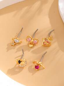 5/6/22pcs Copper Zirconia Butterfly, Heart Geometric L-Shaped Nose Stud & Earrings, Unisex Piercing Jewelry For Daily Wear - Multicolor - View 4