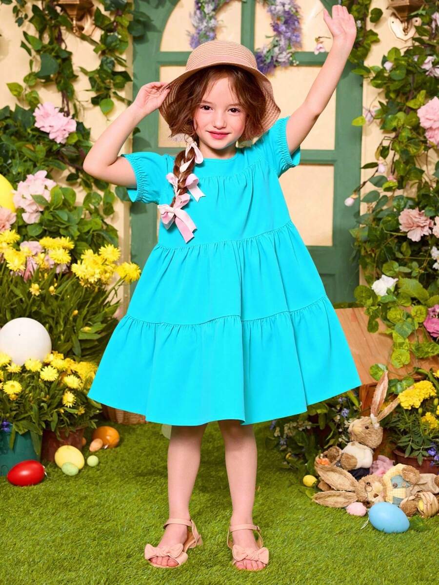 Seven Princess 1 pièce Robe à manches courtes style coréen décontracté confortable avec col rond, convient pour l'été, les vacances ou les sorties