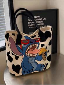 Disney 1 pieza (Autorizado por Disney) Bolsa de lona de gran capacidad con un solo hombro con diseño de la serie de dibujos animados a rayas de Stitch, estilo japonés.