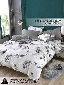 3pcs/Set Feather Pattern Duvet Cover Set(1 Duvet Cover & 2 Pillowcase)Soft And Skin-Friendly Duvet Cover Bedding Set For Home, All Season Bed Sheets Set - White - View 4