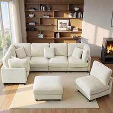 7-Seater Corduroy Modular Sectional Sofa, L-Shaped Couch, U-Shaped Sectional Sofa With Footrest, 4-Pack Shipping, Living Room Furniture, Beige - trắng - Xem 8