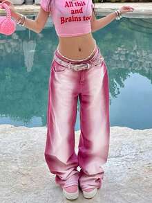 宽松直筒牛仔裤 | 刺绣后袋艺术 - 中紫紅色 - 查看 8