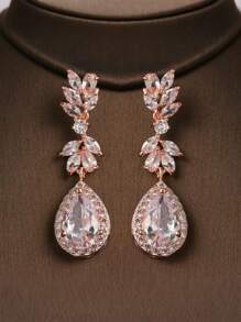 2pcs/Set Fully Rhinestone Embedded Geometric Teardrop Cubic Zirconia Dangle Earrings, Women's Formal Dress Accessories