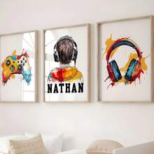 3 Personalized Game Prints, 3-Piece Game Room Wall Art Set, Boy's Bedroom Decor, Video Game Poster, Gamer Gift, Boy's Room Game Decoration Gift (Frameless)