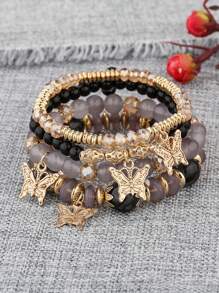 4pcs/Set Bohemian Elegant Delicate Butterfly Charm Beaded Bracelet Set, Suitable For Women's Daily Decoration