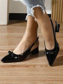 Sandales à talons épais noires à la mode pour femmes, chaussures d'été confortables à enfiler avec un nœud papillon, talons compensés à bout fermé