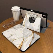 1pc, Stylus Holder + 720° Rotatable IPad Tablet Protective Case, Marble Pattern Design, For IPad Pro 2024 13-Inch/5th/6th/7th, IPad Air6 2024 4th/5th/8th/9th/10th, With Hollow Logo Hole, Anti-Drop Anti-Shock, Auto Wake/Sleep, Hard Back Soft Edge Design, Horizontal & Vertical Stand. Material: PU Leather + 1.5MM Thick Acrylic Hard Shell, Purchase As Needed (Please Read Description Before Ordering!) - Black - View 1