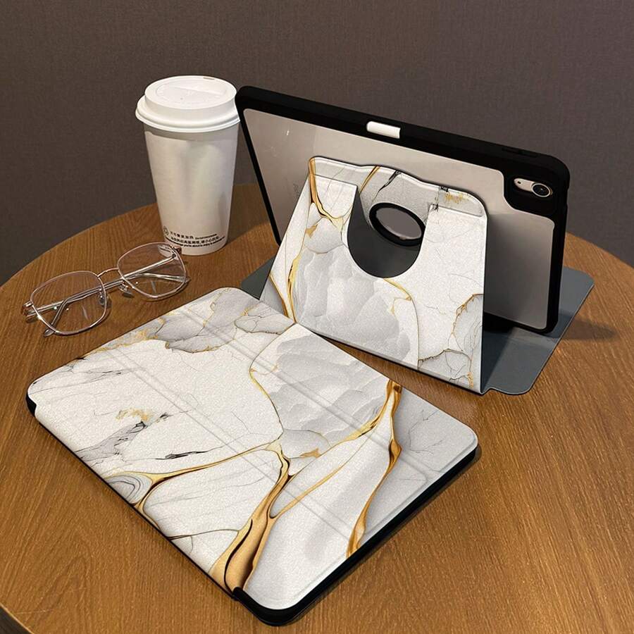1pc, Stylus Holder + 720° Rotatable IPad Tablet Protective Case, Marble Pattern Design, For IPad Pro 2024 13-Inch/5th/6th/7th, IPad Air6 2024 4th/5th/8th/9th/10th, With Hollow Logo Hole, Anti-Drop Anti-Shock, Auto Wake/Sleep, Hard Back Soft Edge Design, Horizontal & Vertical Stand. Material: PU Leather + 1.5MM Thick Acrylic Hard Shell, Purchase As Needed (Please Read Description Before Ordering!) - Black - View 1