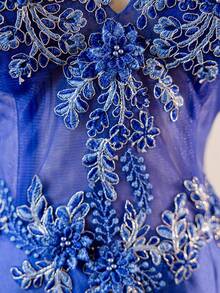 Navy Blue Vintage Sleeveless Deep V-Neck Luxury Lace Embroidery, Waist Mesh Hollow Out Semi-Sheer Dress, Full Hem, Elegant Birthday Or Evening Gown, Formal, Party Dress, For Wedding Guest