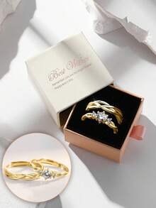 2pcs/Set Couples Rings, Minimalist Shiny Cubic Zirconia Open Rings, Suitable For Engagement, Wedding, Valentine's Day Gift - Exquisite Gift Box Style 3 - View 5