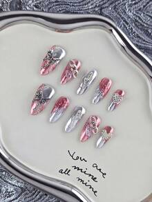 10 piezas de uñas postizas de cobertura completa con forma de almendra de longitud media en color plateado, estilo dulce y fresco adecuado para uso diario y fiestas, gran regalo para mujeres y niñas, incluye 1 pieza de almohadilla de gel y 1 pieza de lima de uñas - Plateado - Ver 1