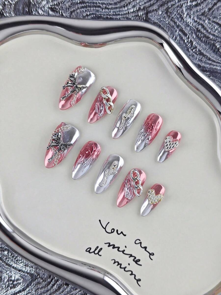 10 piezas de uñas postizas de cobertura completa con forma de almendra de longitud media en color plateado, estilo dulce y fresco adecuado para uso diario y fiestas, gran regalo para mujeres y niñas, incluye 1 pieza de almohadilla de gel y 1 pieza de lima de uñas - Plateado - Ver 1