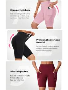 5pcs High-Waisted Sports Shorts With Shaping Belt And Pockets, Solid Color, Medium Stretch, Slim Fit, Summer Knit Fabric, Soft  Short , Adult - 5 cái - Xem 3