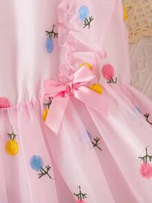 Tween Girls Bowknot Floral Embroidery Sleeveless Mesh Tutu Princess Dress - Pink - View 4