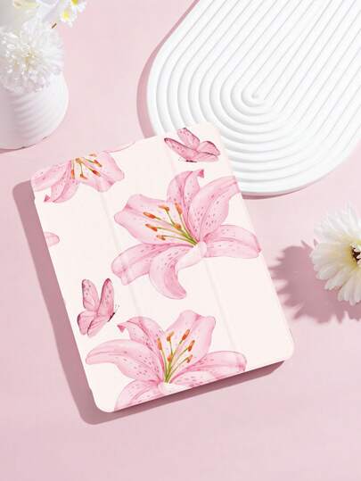 Capa protetora para tablet com estampa de lírios e borboletas rosas, compatível com iPad 9.7/10.2/10.5/10.9/12.9/Pro 11, 10ª geração, compatível com Samsung Galaxy Tab S6 Lite de 10,4 polegadas, compatível com Kindle Paperwhite 12ª geração (2024), Kindle (11ª geração) versão 2022, proteção anti-queda macia, suporte inteligente/despertar/repousar automáticos
