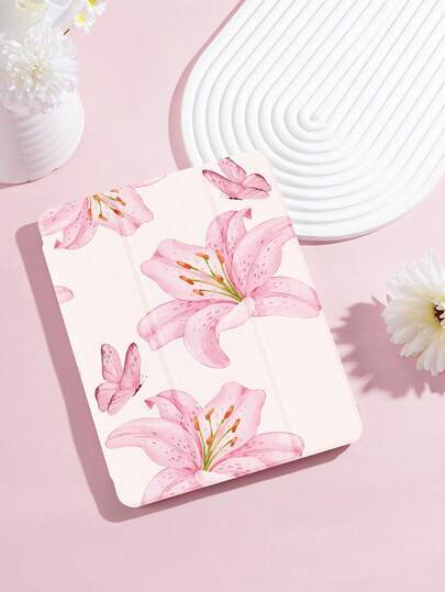 粉色百合蝴蝶图案平板电脑保护套，兼容 iPad 9.7/10.2/10.5/10.9/12.9/Pro 11（第十代）、Galaxy Tab S6 Lite 10.4、Kindle Paperwhite（第十二代，2024 年）、Kindle（第十一代，2022 年），柔软防震保护，智能支架/自动唤醒/睡眠功能