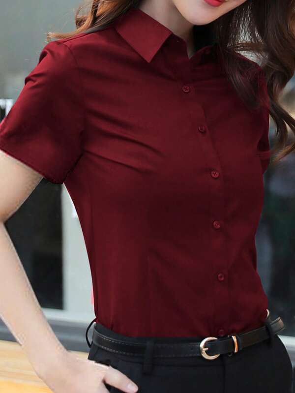 Wine Red Short Sleeve Women's Shirt, Office Wear Blouse For Work, Spring/Summer 2025 New Arrival, Professional Business Women's Top, Summer