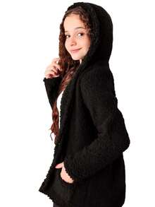 Girls' Teddy Sherpa Coat With Pocket And Hood For Winter Cold Weather - Black - View 3