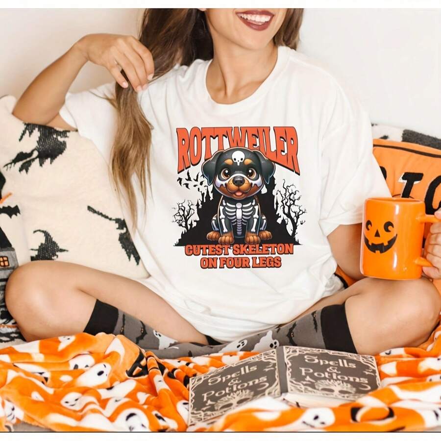 Camia De Halloween Para Amantes De Los Rottweiler, Camia De Regalo De Halloween De Rottweiler Espeluznante, Camia De Halloween Drtida Para Dueños De Rottweiler, Regalo De Camia De Rottweiler1296g High-Quality Pure Cotton T-Shirt With Minimalist Art Pattern Print, Soft And Breathable Fabric, Comfortable And Loose, Suitable For All Day Wear, Graduation Ceony, S-Care Inder, High-End High-Quality Fabric, I Choice For Gift Giving - White - View 1