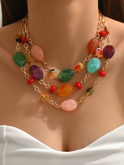 1pc Fashionable & Elegant Bohemian Style Gold Chain Vintage Silver Rose Heart Pendant, Faux Pearl Beaded, Amber Color Faux Jade Resin Block DIY Handmade Layered Necklace For Women. New 2026 Numeric Layered Necklace Pendant, Suitable For Perfectionist Ladies To Wear Casually, On Vacation, Or To Parties. The Resin Blocks Are In Various Colors To Mimic Jade Effect, Each Piece Has A Unique Color.