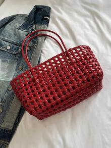 Hollow Straw Beach Bag, Woven Picnic Basket Tote, Women Casual Vacation Handbag - Multicolor - View 9