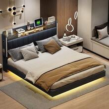 Upholstered Bed 160*200 With Lighting, Headboard With Storage Space, Floating Bed, Youth Bed, Adult Bed, Linen Fabric, Grey - 黑色 - 查看 4