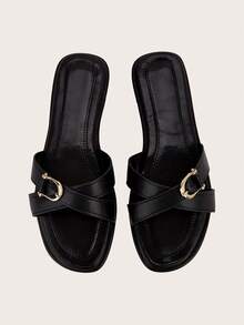 Cómodas sandalias planas de talla grande con puntera cuadrada y estilo romano cruzado, color marrón (el tamaño es grande) - Negro - Ver 5