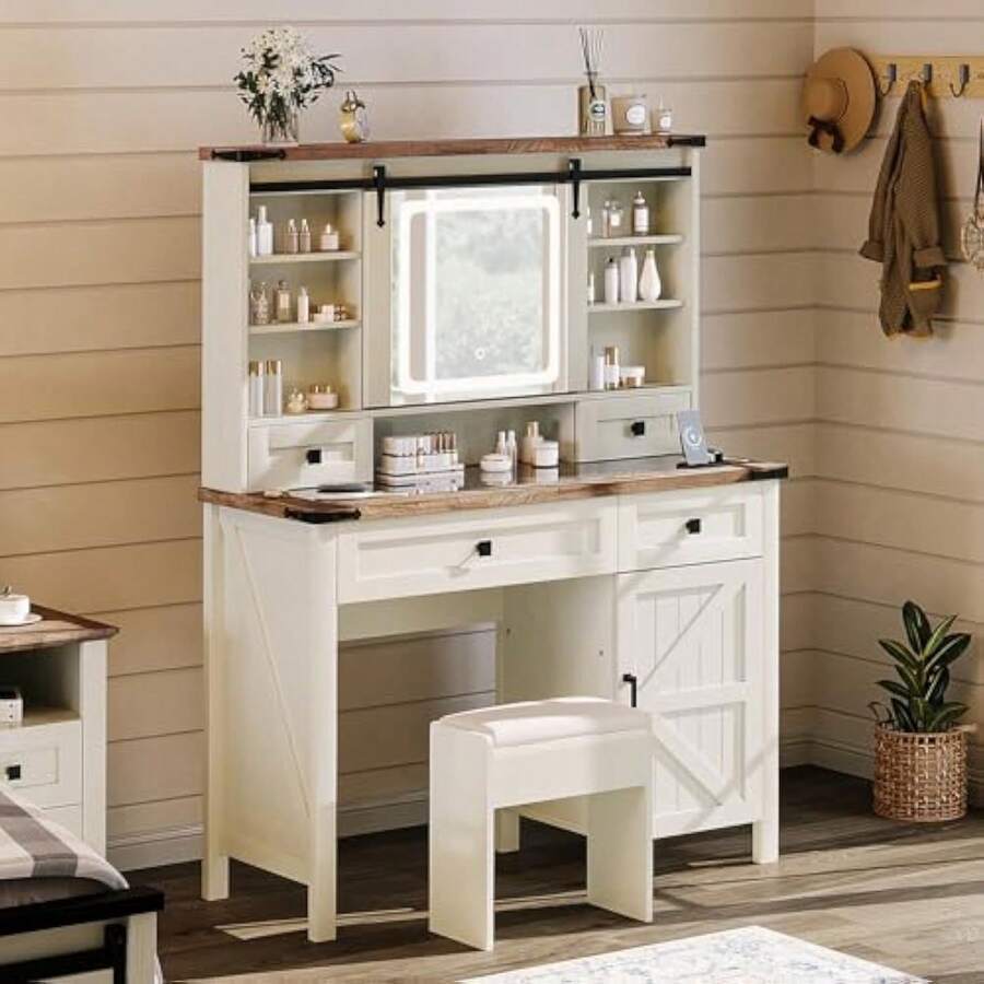 AMERLIFE 42'' Farmhouse Makeup Vanity Desk With Sliding Mirror And Lights, Glass Tabletop Vanity Table With 2 Drawers & Shelves - 1 - View 1