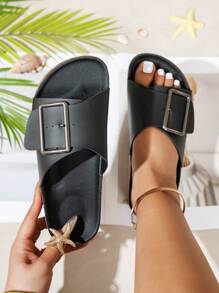 Damen Lässig multifunktionale Innen- & Außen-Flachsandalen mit verstellbarem Riemen, dickes atmungsaktives offenes Zehendesign, geeignet für Frühling & Sommer