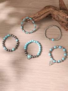 5 pièces Bracelets élastiques de style bohème classique empilables avec perles en forme de cœur en imitation turquoise, tressés à la main, convenant à tous, pour le quotidien et les vacances
