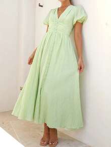 PoPoHouse Women's Solid Color Elegant V-Neck Puff Sleeve Dress, Suitable For Vacation Outfit, Spring/Summer - Green - View 7