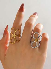 1 pieza Anillo con diseño floral dramático de acero inoxidable enchapado en oro de 18K, joyería de moda para que las mujeres puedan usar a diario, de viaje o en fiestas