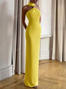 Vestido largo de fiesta ceñido de cuello alto sin mangas para primavera y verano