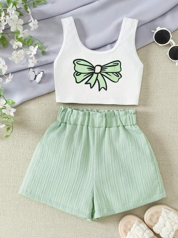 Girls' Outfit - 2pcs/Set Girls' Green Cute Bow Vest & Shorts Set, Summer Cooling, Girls' Casual Solid Color Polyester Shorts With Bow Detail, Regular Fit Fabric, Suitable For Spring & Summer. Composition: 95% Polyester, 5% Spandex, For Girls, Candy Color, Ideal For Outdoor Activities, Holiday Gifts