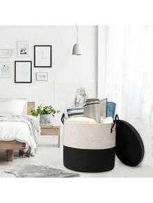 115L Extra Large Blanket Basket With Lid,Blanket Storage For Living Room,Large Woven Storage Basket,Laundry Basket Rope Basket Round,Wicker Basket With Lid,Black 21" X 21" X 18" - Black - View 3