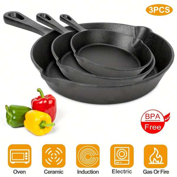 3pcs Set, Pre Seasoned Cast Iron Pan Set, 6.11/ 8.07/ 10.44 Inch Non Stick Oven Safe Cookware Heat-Resistant Frying Pan