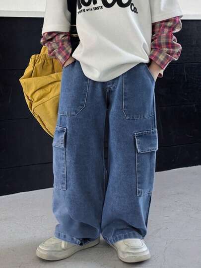 1 件儿童青少年男童夏季牛仔裤，新款休闲街头风格侧袋阔腿裤