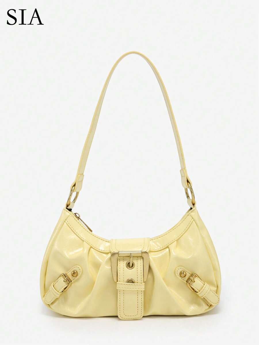 1pc Women's Vintage Style Merodeado Distressed Leather Motorcycle Bag, Soft Leather With Rivets, Snap Closure, Clouds Decoration, Shoulder/Underarm Satchel, Suitable For Work, Commute, Dating, Party - Yellow - View 1