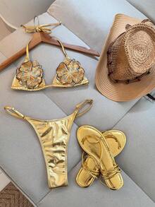 Women's Summer Solid Color Sexy Shiny Metallic Fabric Decorated With Sequin Flowers Tie-Back Bikini Set, Solid Color Bohemian Tie-Back Backless Beach Vacation - Gold - View 3