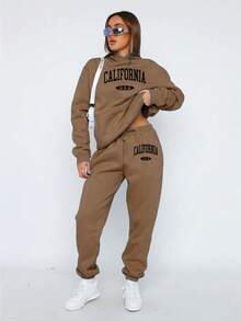 Conjunto mujer deportivo casual sudadera capucha estampado letras corte holgado manga larga otoño invierno uso diario exterior set de dos piezas - Marrón - Ver 1